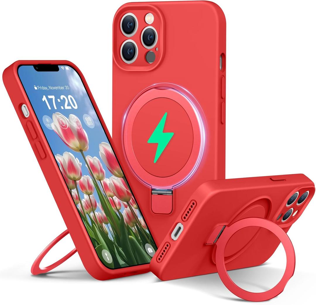Liquid Silicone Case for iPhone 12 pro MAX with Magnetic Ring Stand, Upgraded Camera Lens Protection, Mil-Grade Drop Shockproof, Anti-Scratch Microfiber Lining Silicone Case (Red)
