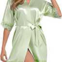 Women's Lace Trim Kimono Robe Bride Bridesmaids Wedding Shower Satin Short Robe Bridal Party Nightgown (Saage Green, S)