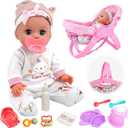 SMILESSKIDDO 14" Baby Doll with Washable Dolls Accessories, Lifelike Soft Babydoll Pretend Play Includes Carrier Bassinet Bed, Doll Clothes, Feeding Set, Gift Idea for Girls 1 2 3+ Year Old