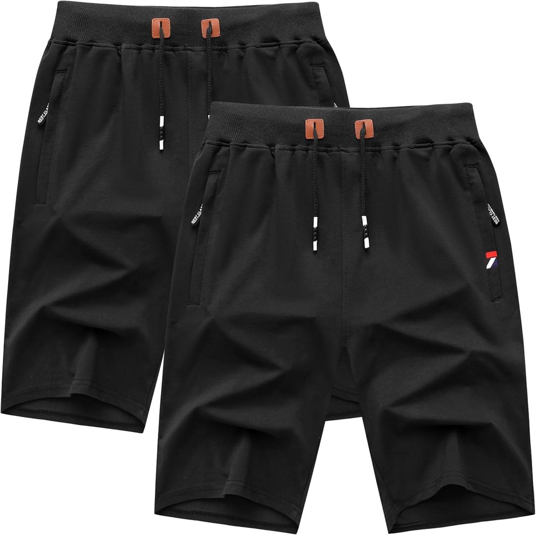 GEEK LIGHTING Mens Shorts Casual Cotton Drawstring Zipper Pockets Elastic Waist Lightweight Summer Athletic Beach Shorts (Black, XXL)
