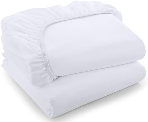 Bedding Twin Fitted Sheets - Bulk Pack of 2 Bottom Sheets - Soft Brushed Microfiber - Deep Pockets - All Around Elastic (White)