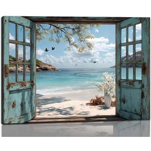 Framed Open Window Beach Canvas Wall Art Coastal Wall Decor Picture White Flowers and Butterflies Painting Artwork Fake Window Wall Art Horizontal Nature Landscape Seaside Summer Print for Home Decoration (B, 8x12inch(20x30cm), Framed)