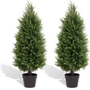 3ft Artificial Cedar Topiary Trees Set of 2  UV Resistant Outdoor Faux Plants, Fake Evergreen Bushes & Shrubs for Porch Patio Front Door Outside Planter Decor