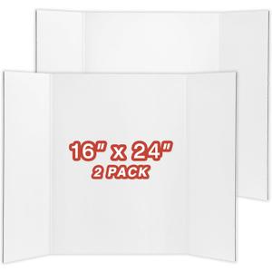 Chell Mini Size Trifold Poster Board, 16" x 24", Small Corrugated Project Boards, White, 2 Pack