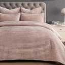 PHF Luxury Velvet Quilt Set Queen Size – 3PCS Ultra Soft Quilted Comforter Alternative with Striped Channel, Cozy Quilted Bedspread, 1 Coverlet with 2 Matching Shams, 90" x 92", Rose Pink