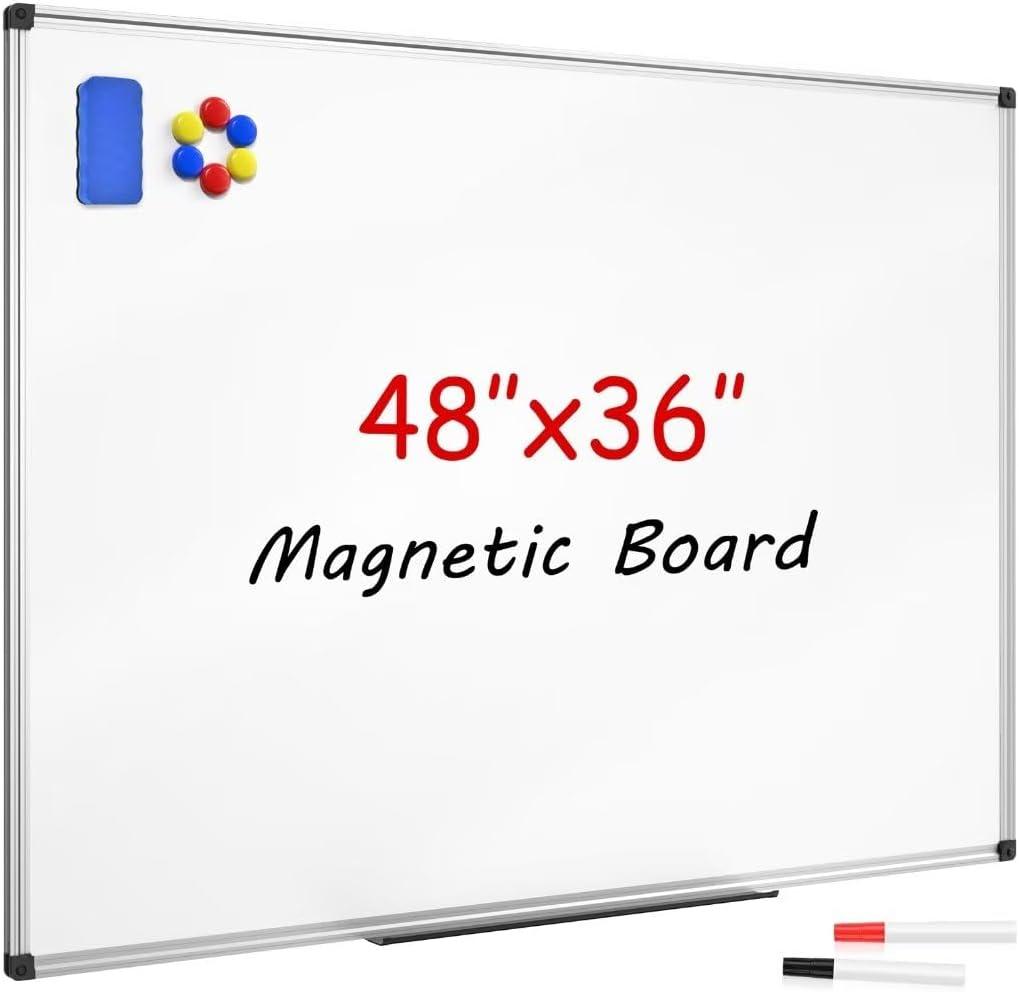 SunyesYoon Magnetic Dry Erase Whiteboard 48 x 36 Inch - 4 x 3 Large White Board, Silver Aluminum Frame Wall-Mounted, Magnetic Eraser, 2 Pen, Detachable Marker Tray, 6 Magnets for Office, School