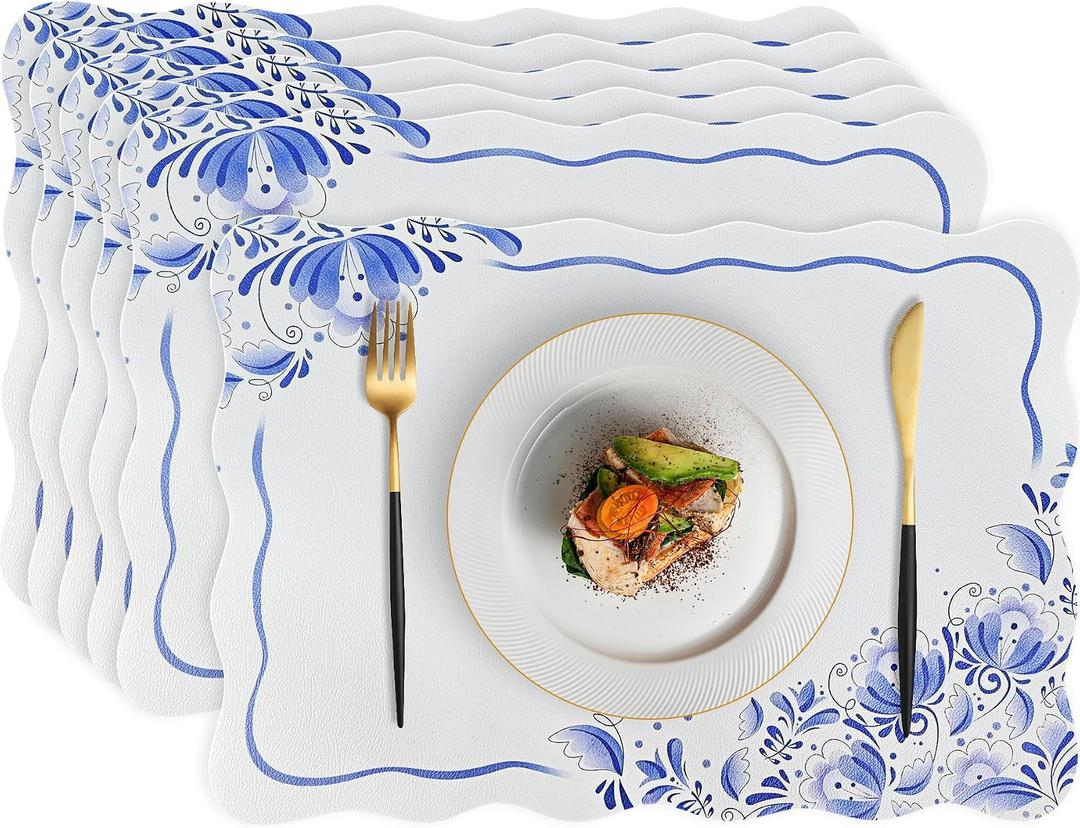 Faux Leather Placemats Set of 6, 12 x 17 Inch Scalloped Blue Floral Table Mats Waterproof Oil-Proof Heat Resistant Wipeable PU Place Mats for for Kitchen, Dining, Outdoor, 18x12