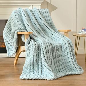 Esterra Chunky Knit Blanket Throw 60"x80", 100% Hand Knitted Chenille Throw Blanket, Cozy Soft Thick Cable Knit Throw Large Rope Knot Crochet Throw Blanket for Sofa Couch Bed, Sky Blue