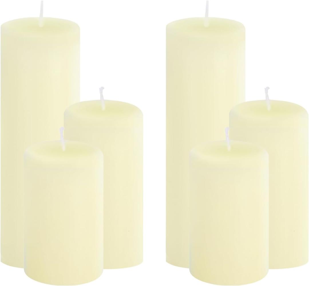 6-Pack Ivory Pillar Candles Bulk Set - Assorted 3 Sizes (3, 4, 6 Inch, 2 Each), Long-Lasting Dripless, Unscented & Smokeless Hurricane Candles for Wedding, Dinner Party & Romantic Atmosphere.