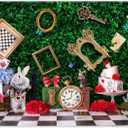 Yriujul 7x5ft Fabric Wonderland Enchanted Tea Party Photography Backdrop Kids Fairy Tale Green Grass Birthday Background Checkerboard Rabbit Photo Tapestry Props
