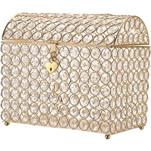 ELLDOO Crystal Wedding Card Box with Heart Lock, Money Card Box Treasure Chest Style Gold Gift for Wedding Receptions Centerpiece Decor Anniversary Keepsake Gift Display Csae, Medium