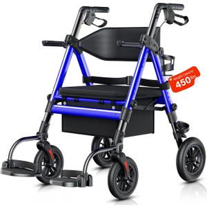 Walkers for Seniors 2 in 1 Wheelchair Combo, 450 lb Foldable Rollator Transport Chair with Seat, Heavy Duty Rolling Walker 10" Wheels for All Terrain, Blue