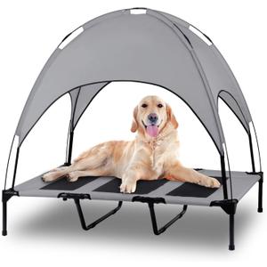 Elevated Outdoor Dog Bed with Canopy, Raised Removable Cover Cooling Dog Beds with Waterpoof Shade Dog Tent Outside Portable Dog Cot for Large Dogs Pet (Dark Grey)