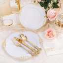 YOUBET 700PCS Gold Plastic Dinnerware Set - White and Gold Disposable Plates for 100 Guest - 200 Disposable Plates, 300 Heavy Duty Plastic Silverware, 100 Cups,100 Napkins for Wedding