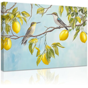 Lemon Tree and Hummingbird Canvas Wall Art Bird with Citrus Painting Prints Yellow Grey Pictures Kitchen Home Office Decor Framed (Blue, 16L x 24W)