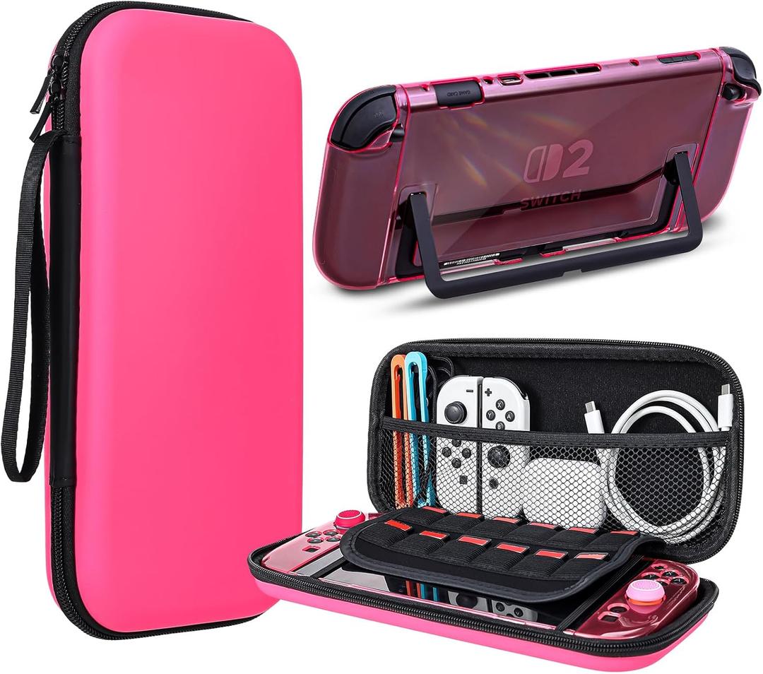 DLseego Storage Carrying Case for Nintendo Switch 2 Accessories Set, 10 Game Card Slots Protective,1 Hard PC Transparent Case, 4 Thumb Grips, Slim & Portable - Pink