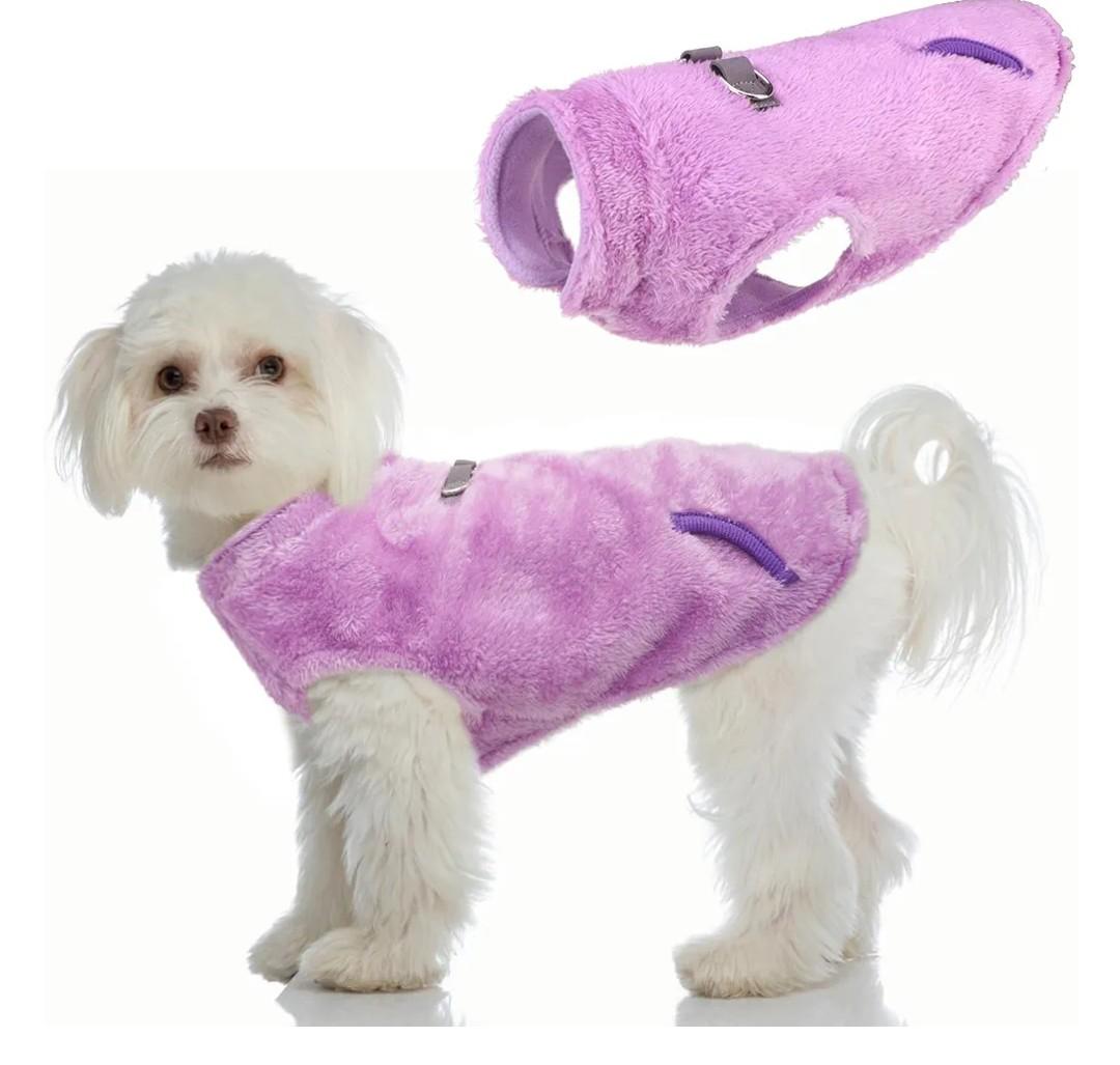 SCENEREAL Fleece Vest Dog Sweater, Dog Jacket with Harness Built in Pocket for Small Medium Dogs, Pet Cold Weather Coat with Soft Lining, Plush Warm Pullover Clothes for Puppy Boys Girls (L, Purple)