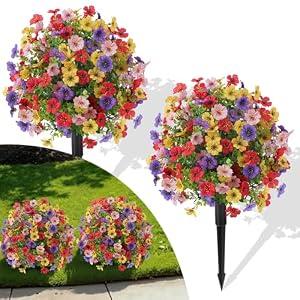 Alupssuc 2Pcs 20" Artificial Topiary Ball Flowers, Spring Outdoor Decoration with Spike, UV Resistant Faux Summer Plants, Faux Bushes Plants, Red Deep Purple Yellow Pink for Garden, Porch Decor