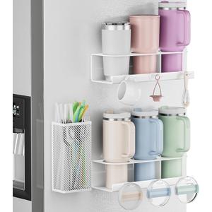 Magnetic Cup Holder For Stanley 20/30/40oz - 2 Pack Tumbler Organizer for Stanley - Water Bottle Organizer for Fridge with Straw Basket & 6 Hooks for Tumbler Cup Lids Accessories Organization White