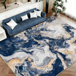 Yinhua 8x10 Rug for Living Room, Marble Rug Blue and Gold, Non Slip Modern Washable Rugs Non Shedding, Contemporary Abstract Area Rugs Low Pile, Soft Large Carpet for Bedroom Kitchen Office
