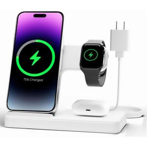 Wireless Charger Stand Charging Station: 3 in 1 Charger Stand Multiple Devices for Apple - iPhone 17 16e 16 15 14 Pro Max 13 12 - Watch 11 10 9 8 7 6 5 4 3 2 SE and Ultra Series-Airpods 4 3 Pro, White