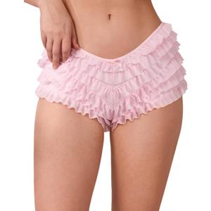 SHARICCA Womens Sexy Mesh Ruffle Panties Booty Boy Shorts Underwear (Small-Medium, Pink)