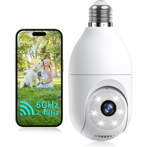 Light Bulb Security Camera Wireless Outdoor Indoor, 5G&2.4G WiFi Security Cameras with Patrol Function, AI Human Detection, Motion Tracking, Two-Way Talk, Color Night Vision, Alarm, 24/7 Recording
