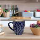 Schliersee 18 OZ Large Coffee Mugs Set of 6, Ceramic Mug for Man Woman, Blue White Geometric Floral Porcelain Cup for Latte, Tea, Cappuccino, Mocha, Cocoa, Housewarming Wedding Mug Present