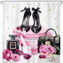 Riyidecor Pink Shower Curtain 72Wx72H Inch Fashion Girly Modern Marble Magazine Book White Rose Flower High Heel Makeup for Girls Bathroom Decor Fabric Polyester Waterproof 12 Pack Hooks (J-black Pink)