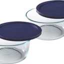 Pyrex Storage Plus 7-Cup Round Glass Food Storage Dish, Blue Cover, Pack of 2 - Original Genuine Made in the USA