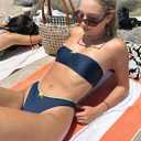 seamoly Sexy Blue Gingham Bow Decor Ruched Backless Lace Up Bandeau Bikini Set Strapless Swimsuits for Women (Blue, L)