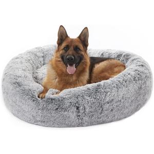 Bedfolks Calming Donut Dog Bed for Extra Large Dogs, 45 Inch Round Plush Bed with Non-Slip Bottom (Dark Grey, Extra Large, 45.0"L x 45.0"W x 10.0"Th)