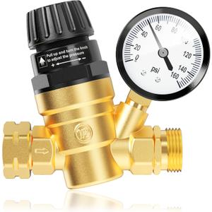 RV Water Pressure Regulator Valve, Brass Lead-Free Adjustable Water Pressure Reducer with Gauge and Inlet Filter for RV Camper and Travel Trailer