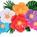 Lincia 40 Pcs Hawaiian Hibiscus Decorations Large Paper Flowers and Artificial Tropical Leaves, 11.8''/7.9'' Jumbo 3D Paper Flowers Faux Leaves for Luau Party Birthday Wedding (Rainbow Color)