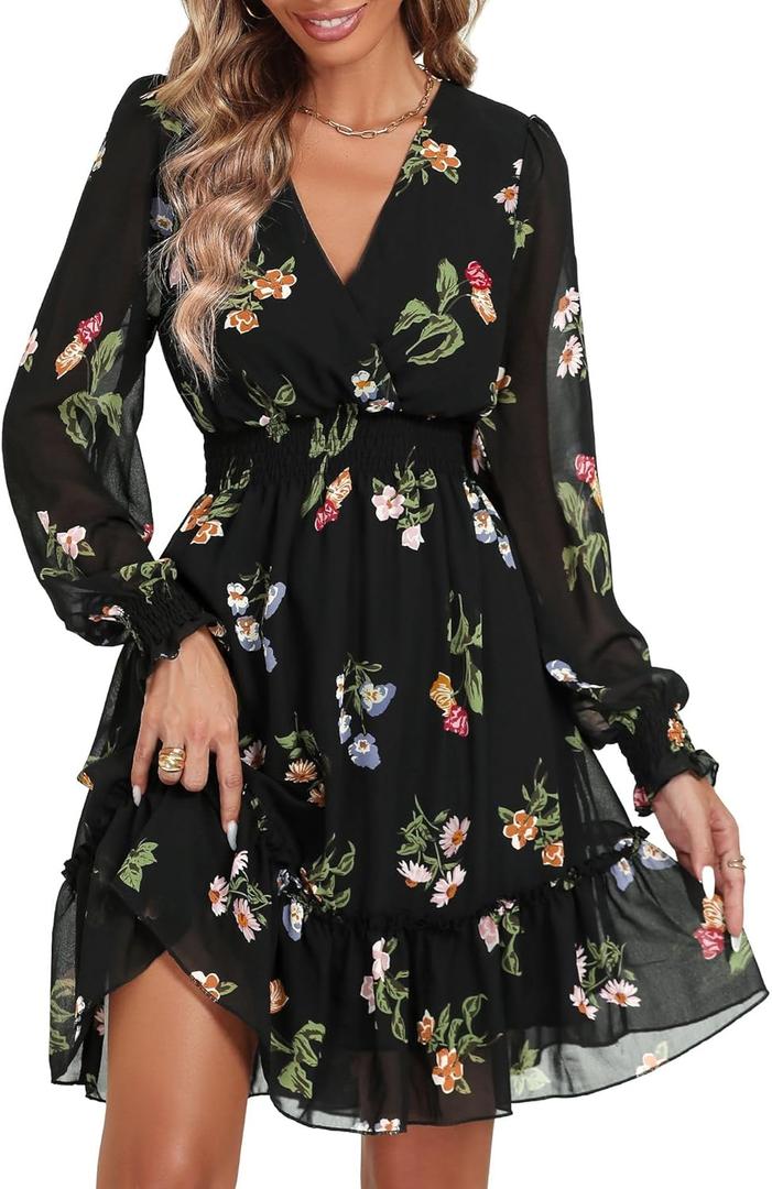Prettywear Women's Floral Chiffon Long Sleeve Mini Dress Flowy A-Line Wrap Neck Tie Back Short Dress, Large