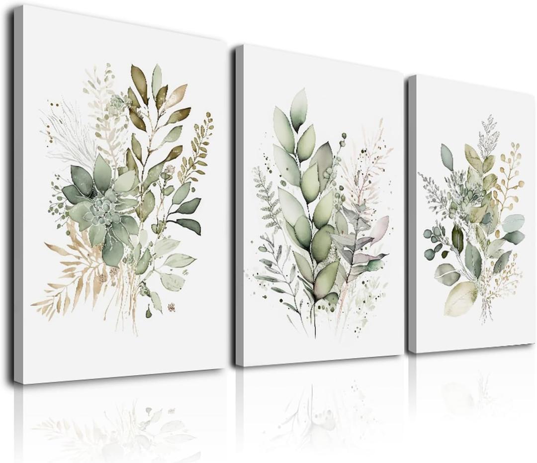Framed Bathroom Wall Art Set of 3 for Rustic Botanical Prints,Watercolor Botanical Wall Art,Sage Green Painting Eucalyptus Leaf Art Pictures,Modern Boho Floral Wall Decor for Room Living Room Bedroom Decorations,12x16inch
