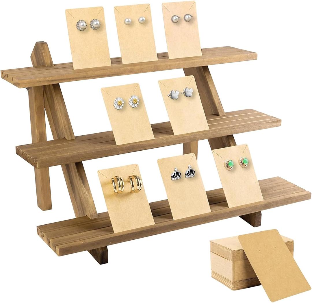 ZYP 51pcs 3-Tier Wood Earring Display Stand, Retail Jewelry Card Stand with Groove + 50 Cards Portable Ring Organizer Holder Showcase Racks for Business Home Using