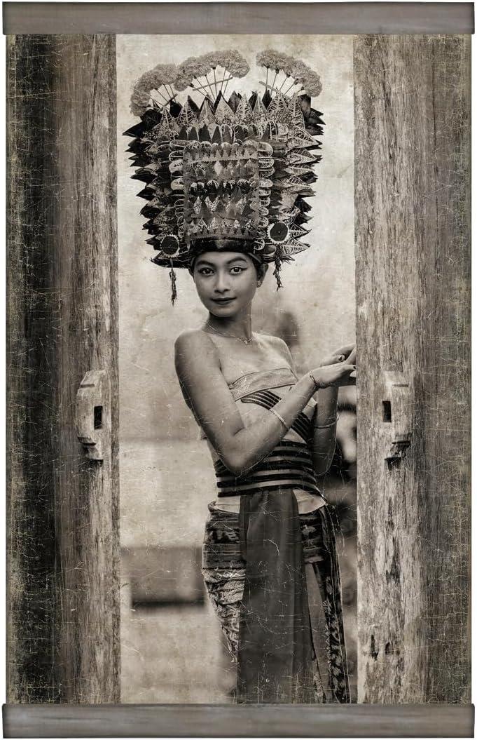Cruiser’s Caché "Girl with Exotic Headdress-Chennai India" Paper Scroll Wall Art. Printed on Recycled Paper with Reclaimed Wood Scroll Poles. 24”x36”