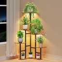 ROSSNY Plant Stand with Grow Lights  Warm LED Lamp, Corner Plant Stand for Indoor Plants, 6 Tier 44 Inch Tall Wood & Metal Floor Plant Shelf, Pot Not Included, Brown