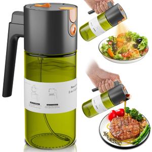 Upgrade 2 in 1 Oil Sprayer for Cooking, 17oz Olive Oil Dispenser Bottle for Kitchen Gadgets with Stickers, 2026 Large Advanced Food Grade Light-Blocking Glass Spray Bottle for Salad, Air Fryer, BBQ