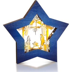 Wooden Nativity Scene Set Christmas Nativity Scene Tabletop Set Christmas Ornament Christian Religious Rustic Decorations with LED Light for Shelves Tables Decorations Indoor Decor(Blue White)