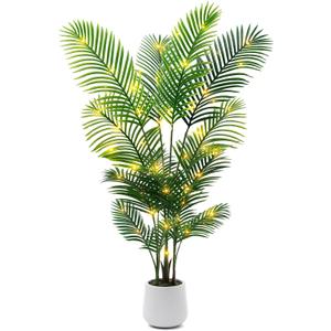 5ft Artificial Palm Tree Indoor with LED Fairy Lights & White Planter - Lifelike Faux Tropical Areca Palm Plant with Realistic Trunk & Adjustable Branches for Home Office Living Room Corner Decor