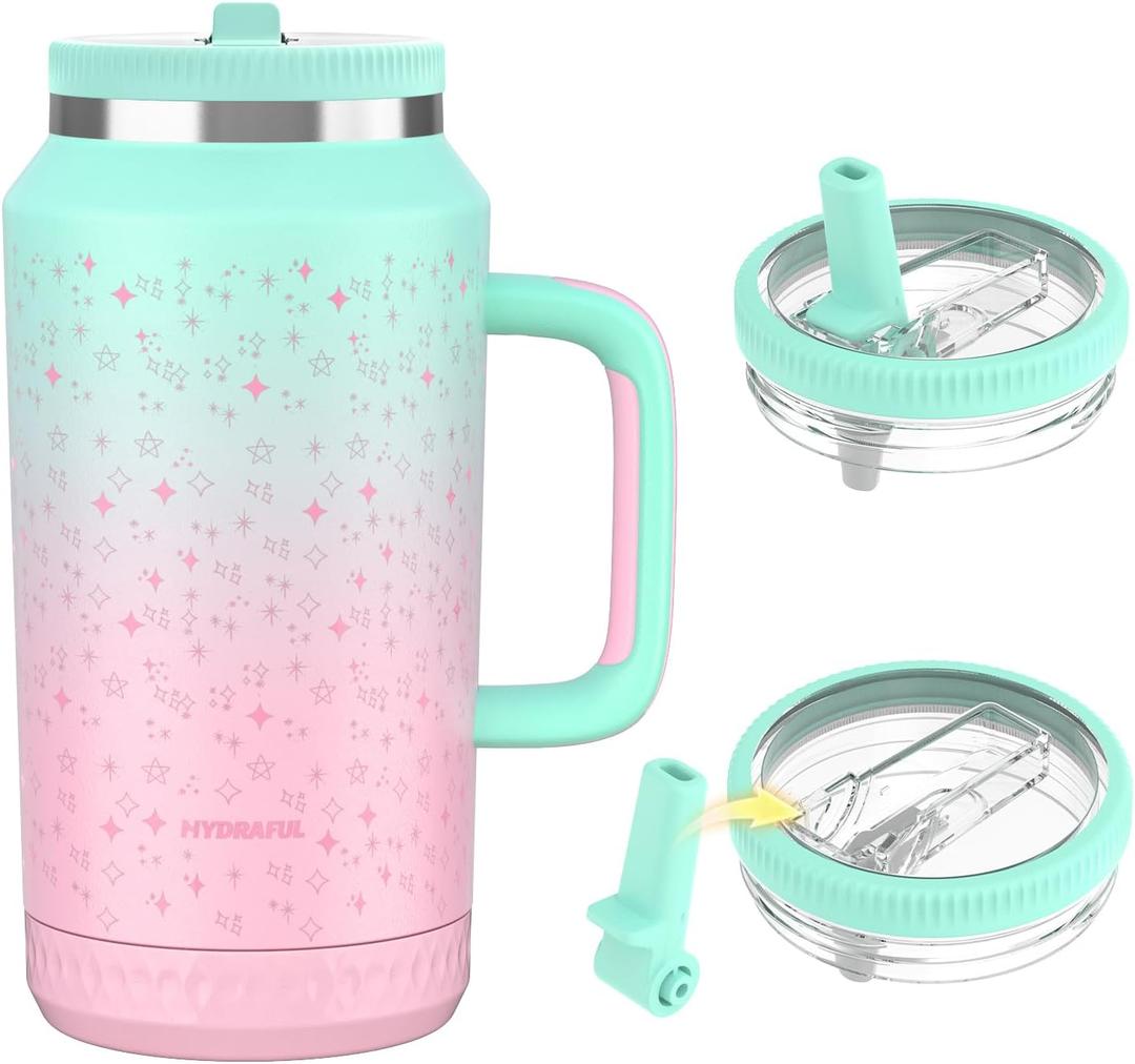 Hydraful 64 oz Tumbler with Handle and Removable Straw Lid – Leak-Proof Insulated Stainless Steel Water Bottle – Travel Mug for Gym, Hiking, Camping – Gifts for Women & Men