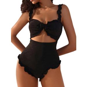 Verdusa Women's Cut Out One Piece Swimsuit Frill Trim Tummy Control Bathing Suit Black Large