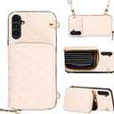 Compatible with Samsung Galaxy S25 5G Zipper Wallet Case with Crossbody Shoulder Strap Flip Purse Card Slots, Luxury PU Leather Card Holder Stand Cell Phone Cover for S 25 25S G5 Women White (Beige)