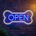 Led Neon Open Sign For Business, Dog Bone Neon Sign Art Pet Shop, Welcome Sign For Business Walls Window Bar Salon Art Hotel Wall Decor (White And Blue-Open)