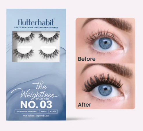 FlutterHabit The Weightless Starter Kit Underlash Extensions, 9-17mm Black Curly Lash Clusters, Reusable Under Lash Eyelashes for At Home Application, Medium Volume Cat Eye, Adhesive Included