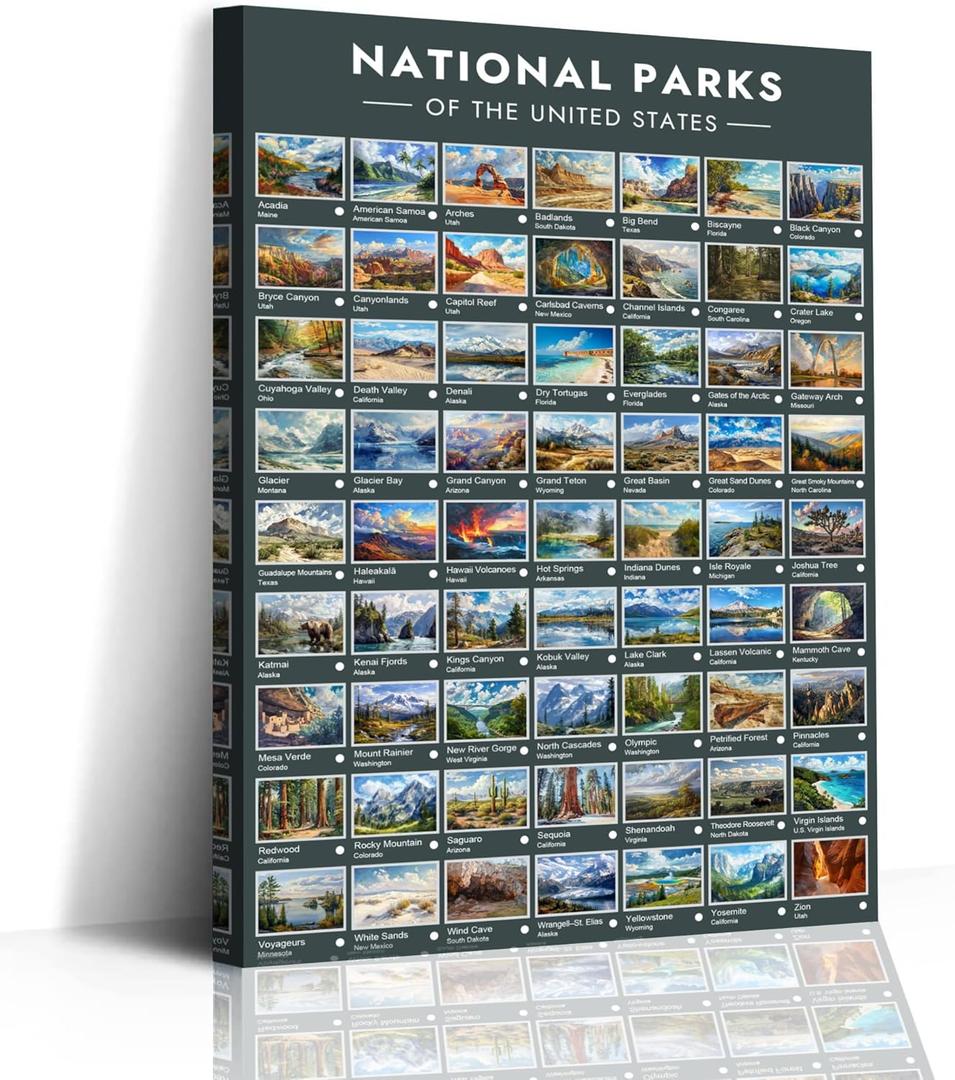 US National Parks Explorer's Guide Poster 63 Scenic Artworks Pop Chart Canvas Wall Art Prints Travel Bucket List Road Trip Adventure Checklist Gift for Travelers Framed 16 * 24inches
