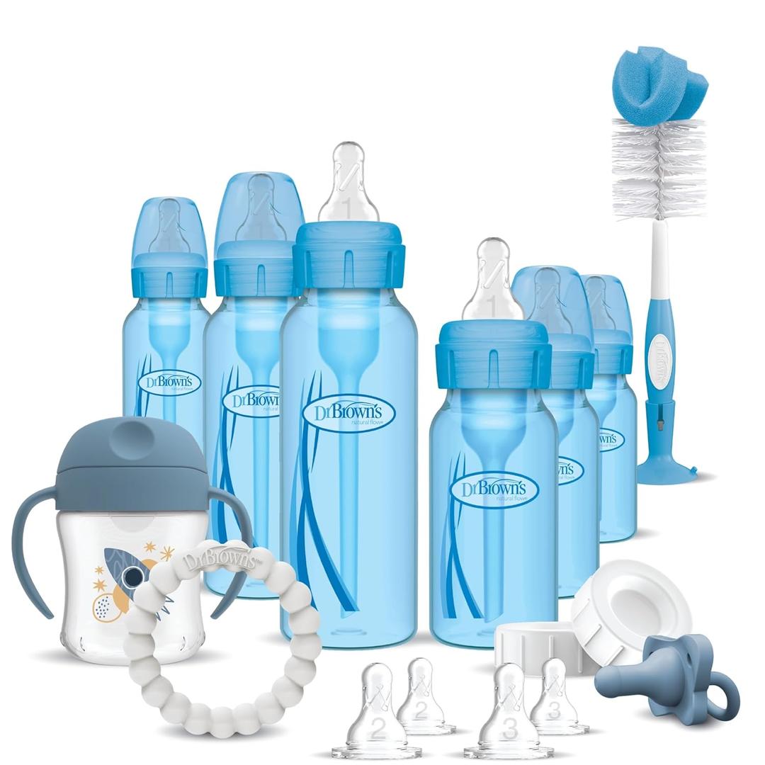 Dr. Brown's Natural Flow Anti-Colic Options+ Special Edition Blue Baby Bottle Gift Set with Soft Sippy Spout Transition Cup, Flexees Teether, Bottle Cleaning Brush and Travel Caps (1 Count (Pack of 1))