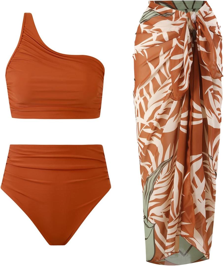 3 Piece Swimsuits for Women High Waisted Bikini Sets Retro Swimsuit with Cover up Beach Wrap Skirt (Orange, M)